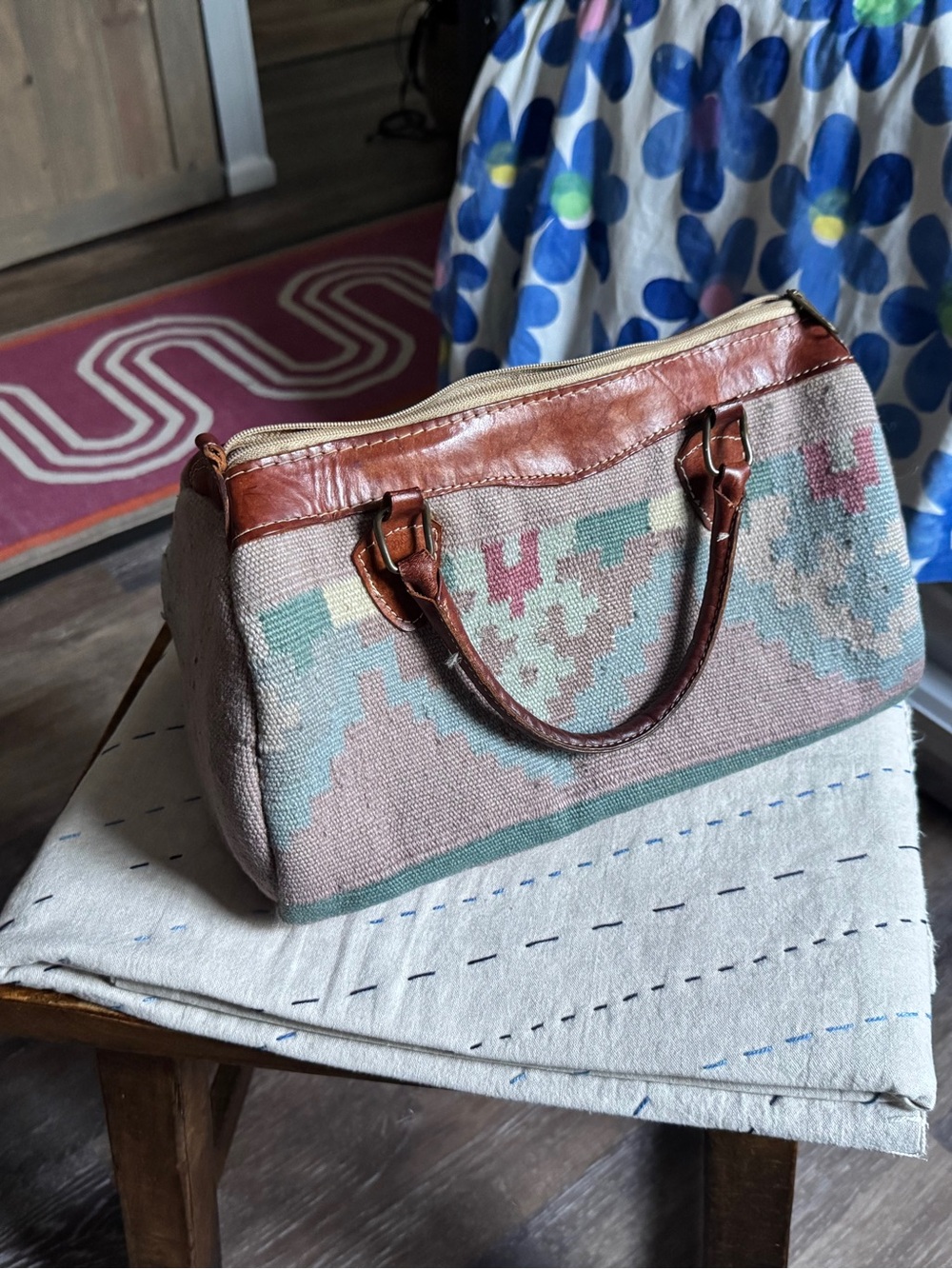 Handmade Aztec Woven + Genuine Leather Bag Good Cindition